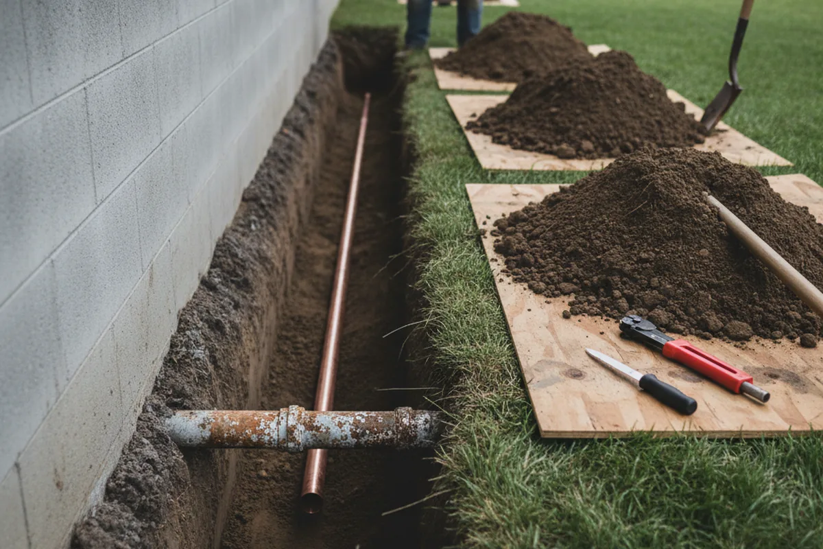 Excavated water line trench during Water Softener Installation in Granger